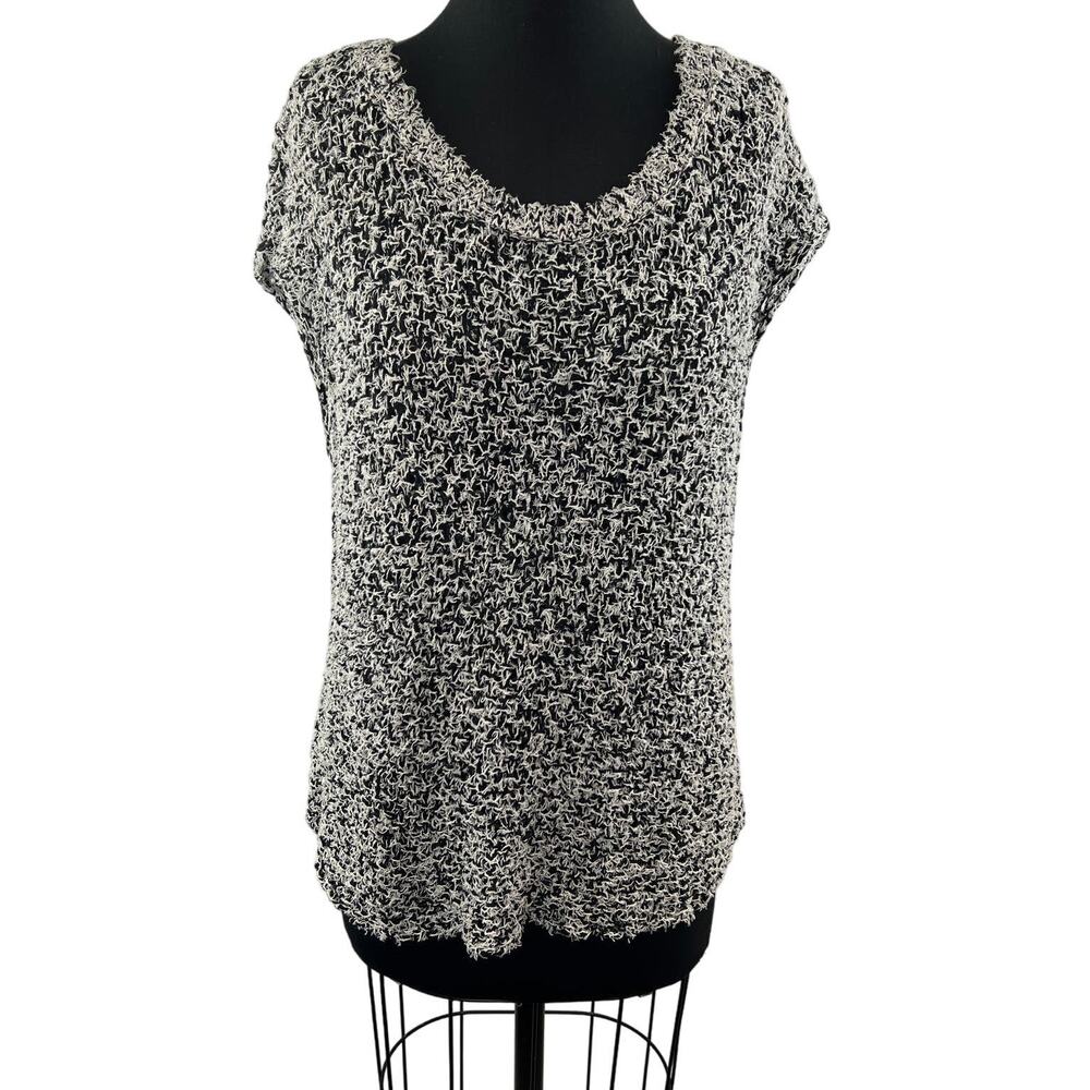 EILEEN FISHER Black White Short Sleeve Tufted Cotton Twist Pullover Sz Medium M